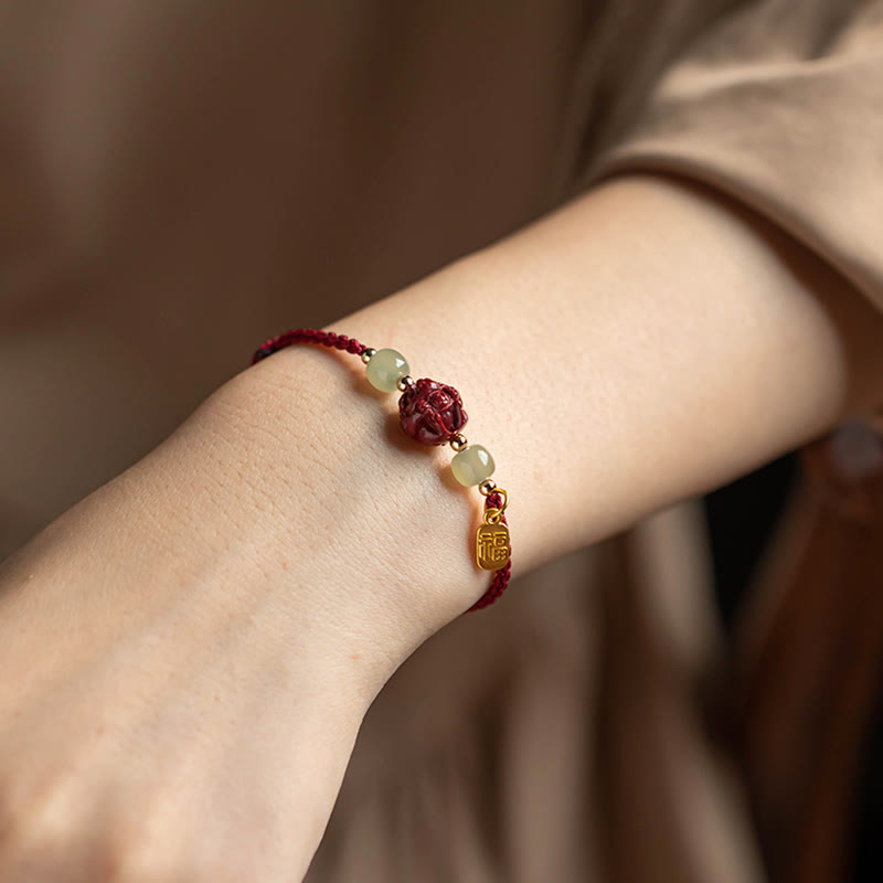 Handmade Cinnabar & Hetian Jade Sterling Silver Chinese Zodiac Fu Red String Bracelet