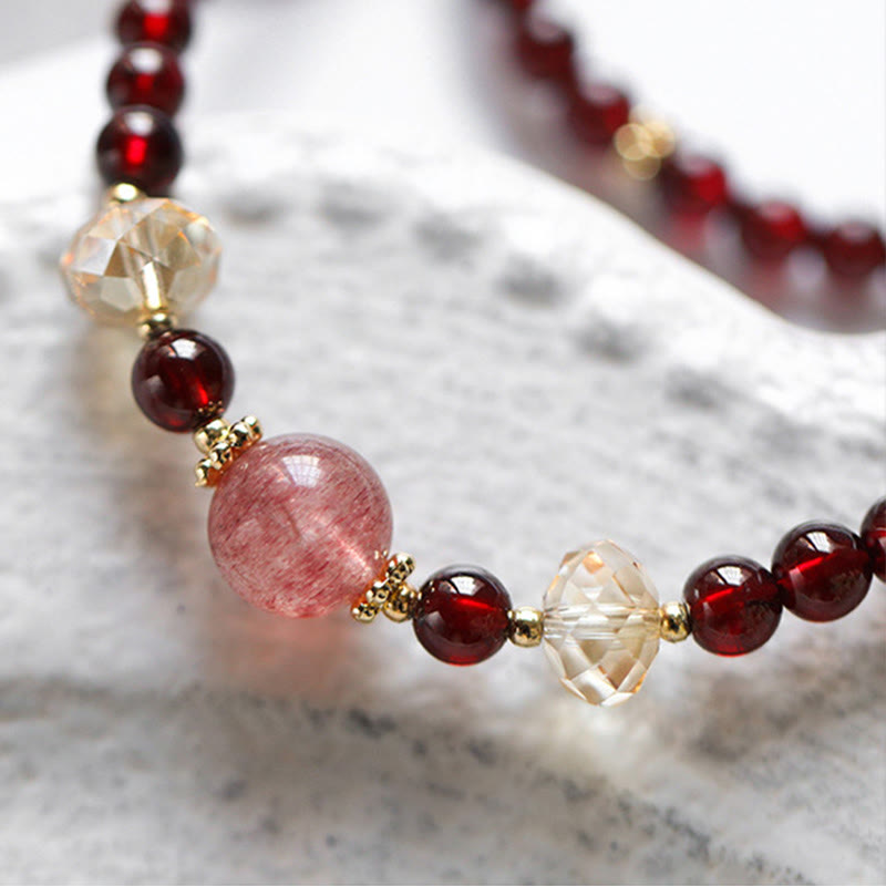14K Gold Plated Natural Garnet Strawberry Quartz Stability Double Wrap Bracelet