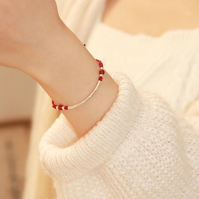 Sterling Silver Bamboo & Agate Bead Braided Red String Bracelet