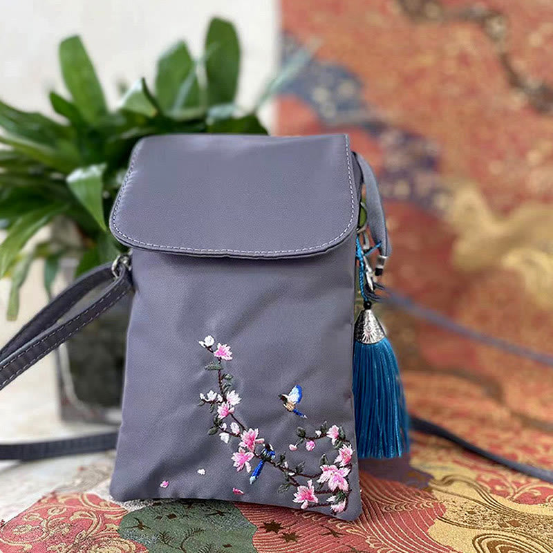 Waterproof Handmade Embroidered Lotus Flowers Crossbody Bag Shoulder Bag Cellphone Bag