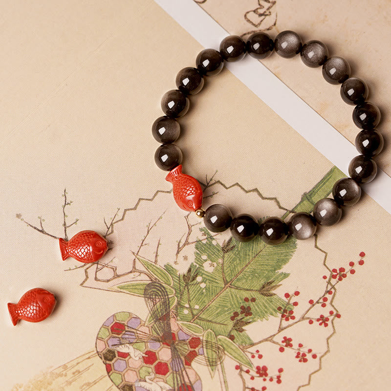 Natural Silver Sheen Obsidian & Cinnabar Koi Fish Beaded Bracelet