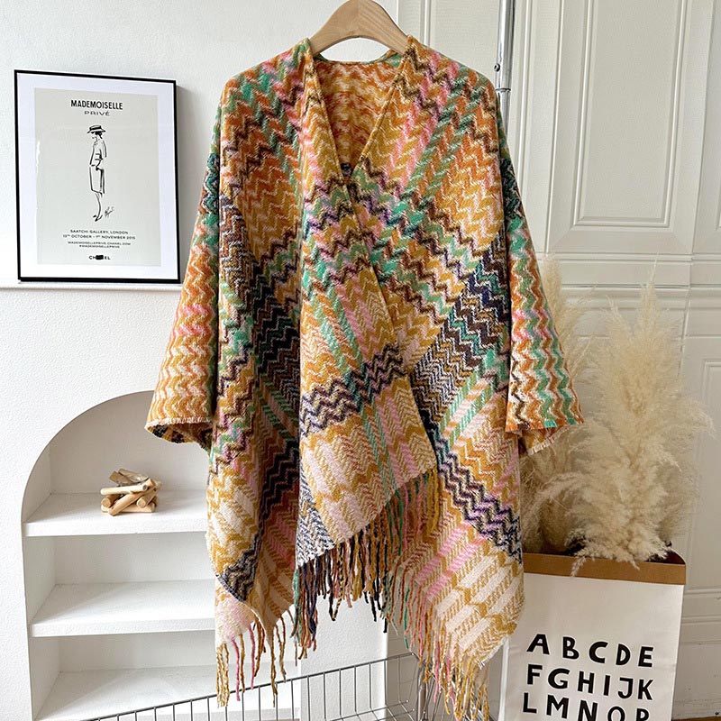 Tibetan Shawl Colorful Wavy Striped Shapes Tassels Winter Cozy Travel Scarf Wrap