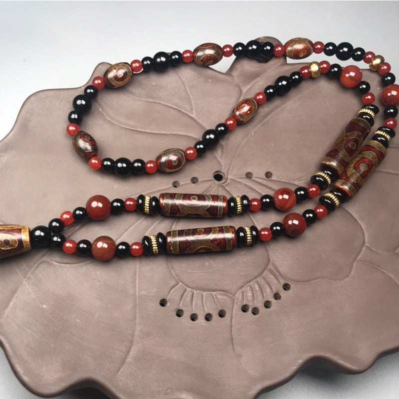 Handmade Nine-Eye Dzi Bead and Red Agate 9x12mm Unisex Necklace