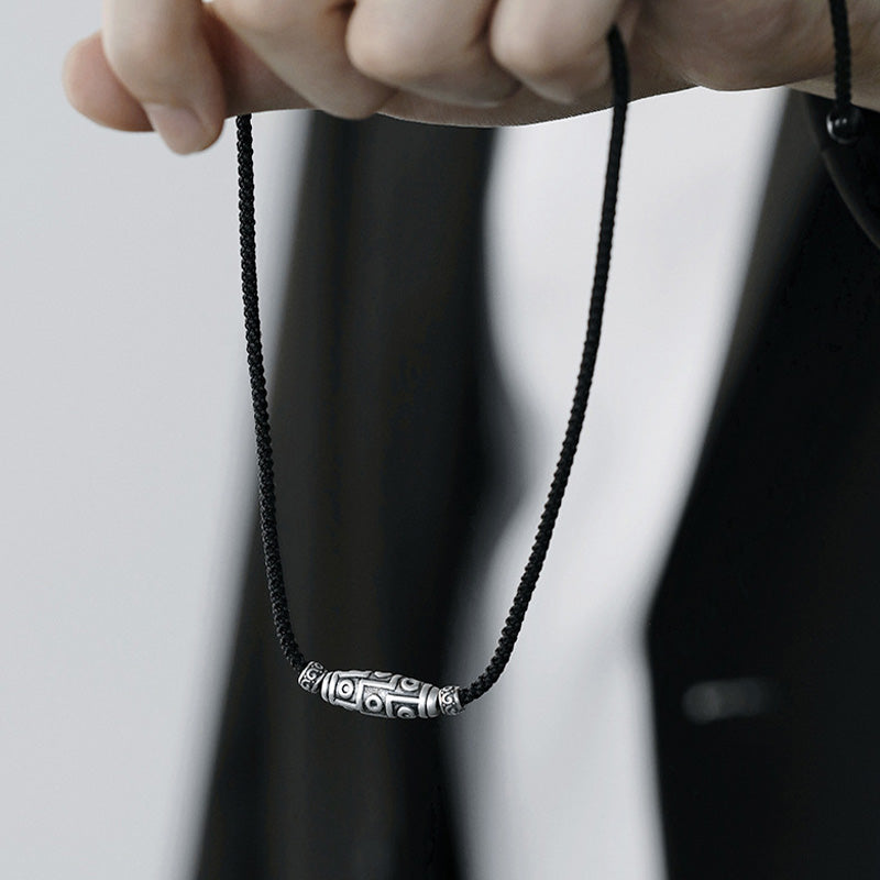 999 Sterling Silver Nine-Eye Dzi Bead Pattern Protection Rope Necklace Pendant