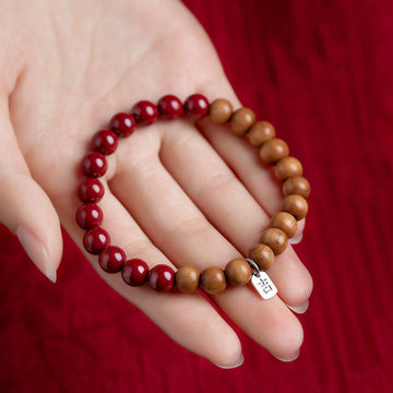 Handmade 925 Sterling Silver Peach Wood and Cinnabar Beaded Stretch Bracelet
