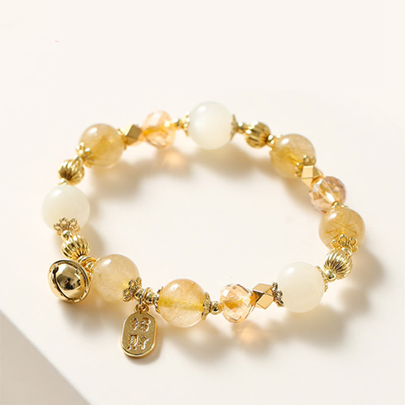 14K Gold Plated Golden Rutilated Quartz Wealth Bell Lucky Fortune Charm Bracelet