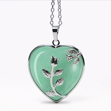 Green Aventurine Heart Rose Pendant Necklace