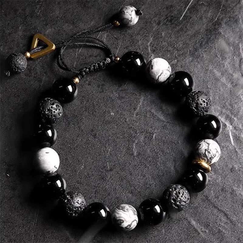 Yin Yang Balance Beaded Bracelet with Black Obsidian and Lava Stone