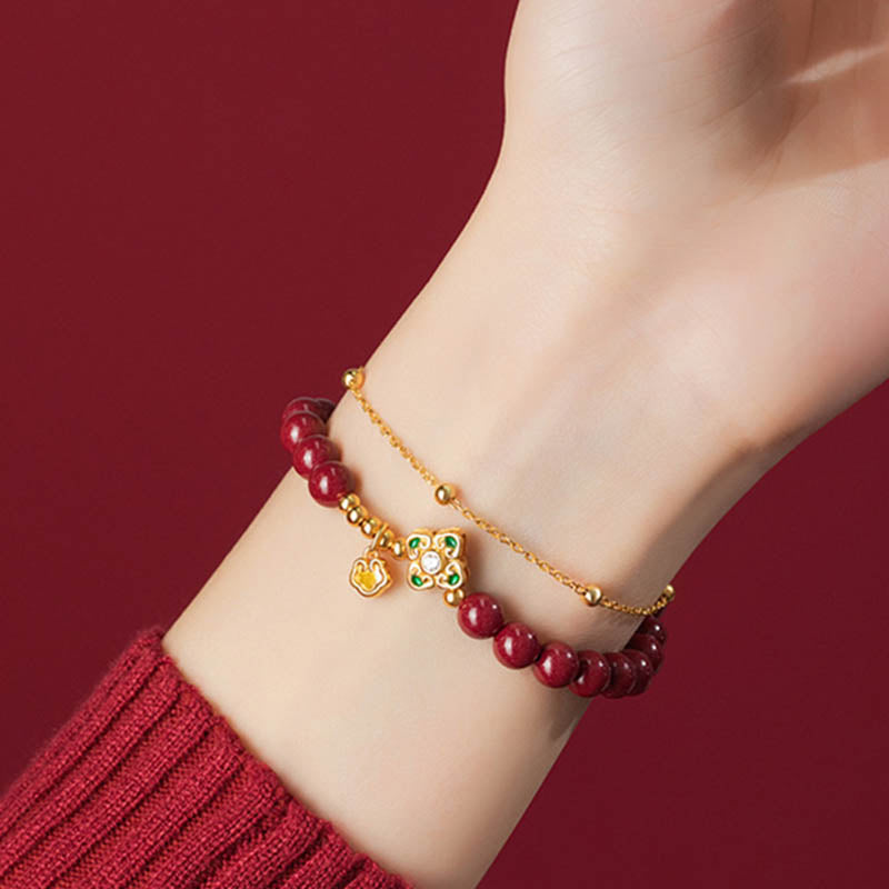 Natural Cinnabar & 925 Sterling Silver Four-Leaf Clover Longevity Lock Chain Bracelet