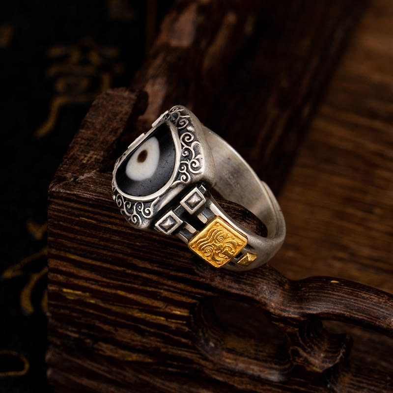 925 Sterling Silver & Gold Zakiram Dzi Bead Adjustable Ring