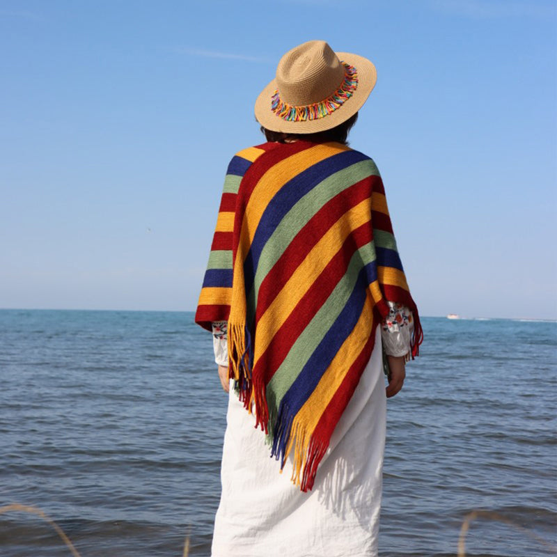 Knitted Striped Tassel Pullover Meditation Shawl Wrap