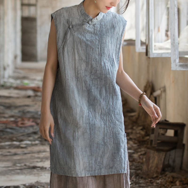 Handmade Tie Dye Ramie Linen Frog-Button Sleeveless Vest