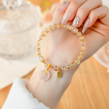 Natural Golden Rutilated Quartz Fu Character Peace Buckle Charm Wealth Bracelet
