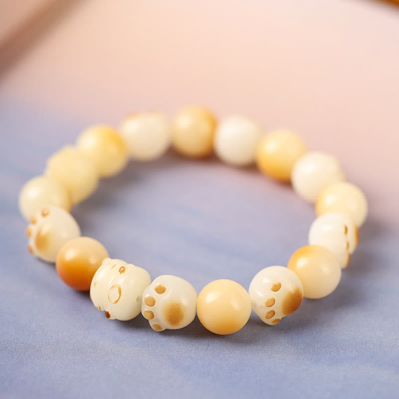 Natural Bodhi Seed Sandalwood Lucky Cute Cat Head Paw Claw Peace Bracelet