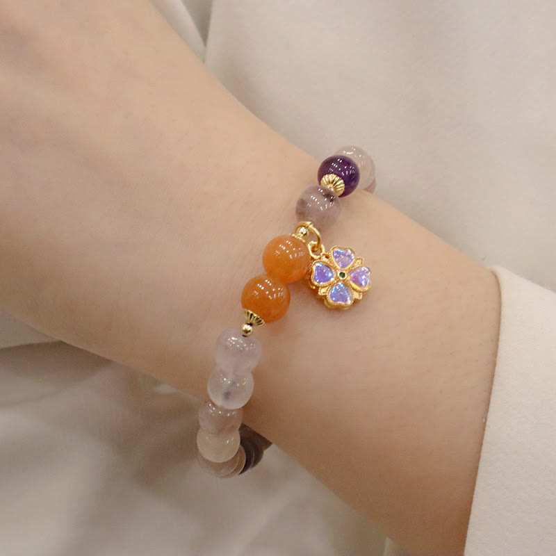 Natural Golden Silk Jade Violet Flower Bead Charm Adjustable Bracelet