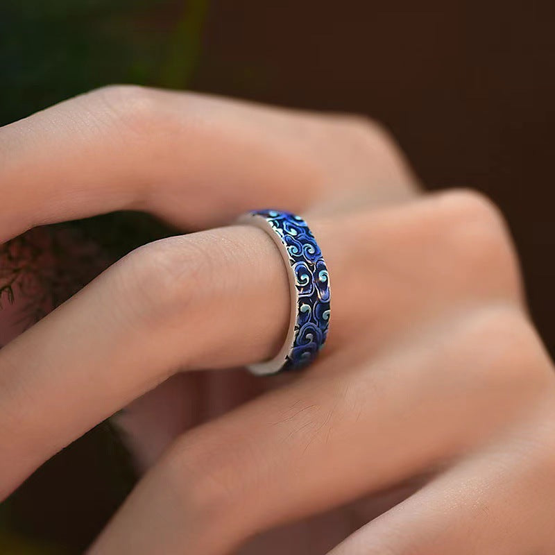 Blue Auspicious Clouds Design Healing Copper Adjustable Ring