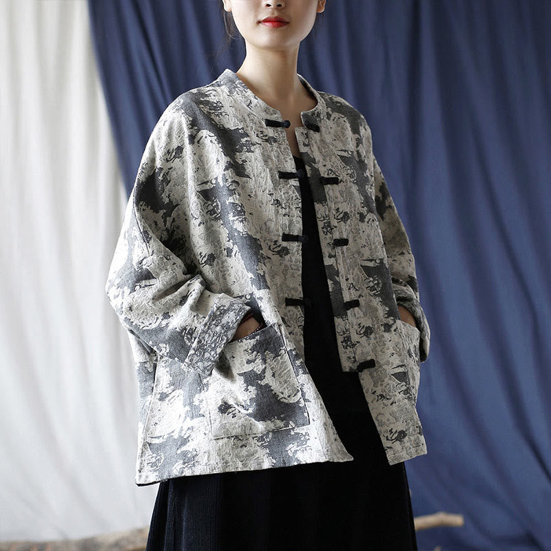 Black Gray Print Frog-button Design Long Sleeve Cotton Linen Jacket Shirt With Pockets