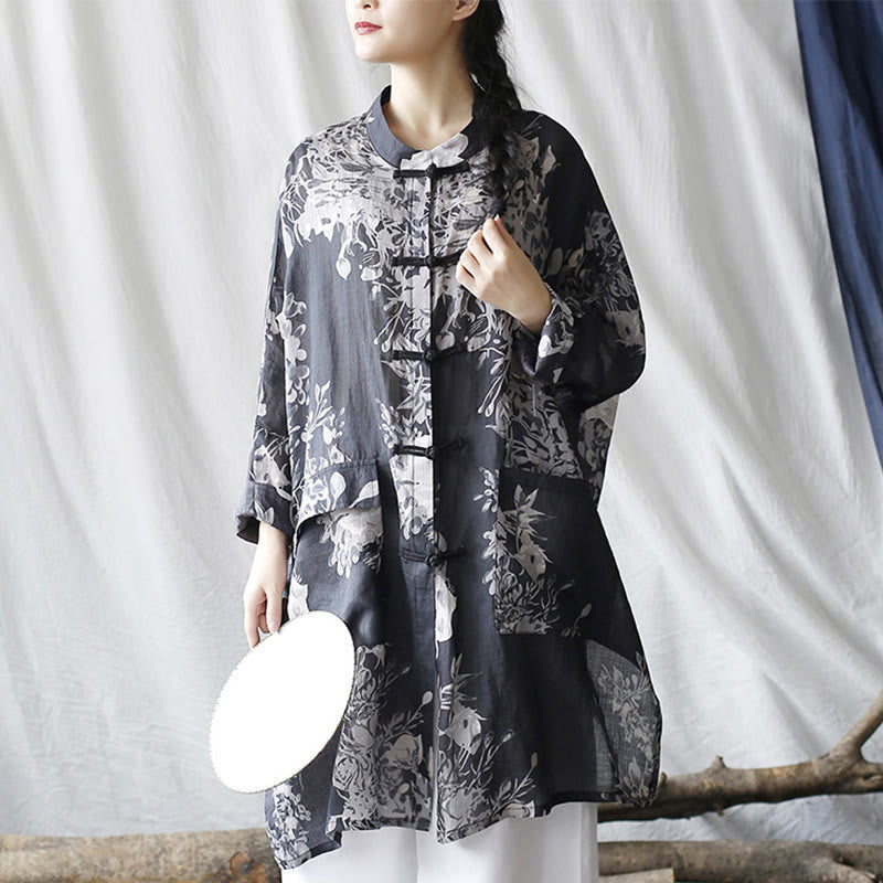 Ramie Linen Floral Stand-Collar Mindful Layering Jacket Shirt