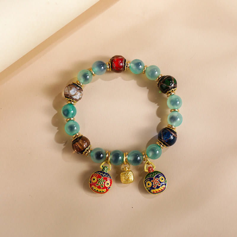Vibrant Candy Agate & Liuli Beaded Bracelet with Gold Swallowing Beast Family Charm