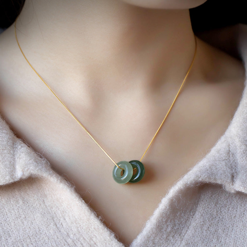 Natural Round Jade Ping An Kou 925 Sterling Silver Gold Plated Pendant Necklace