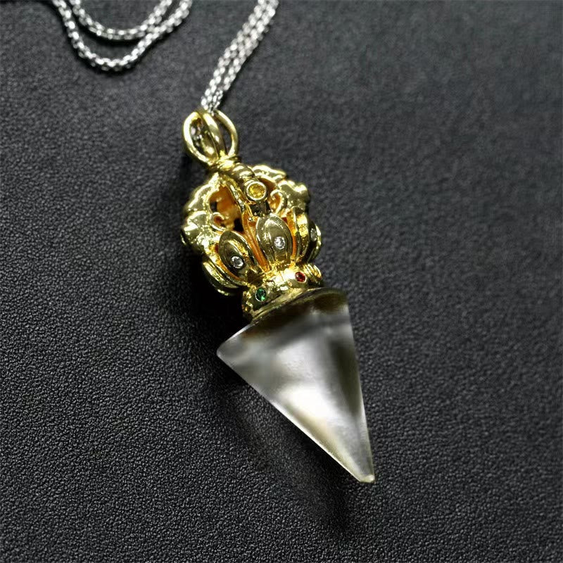 Tibetan Dorje Vajra 4 Prong Lotus Liuli Crystal Strength Necklace Pendant