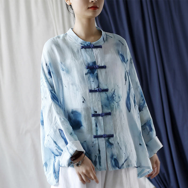 Tie Dye Blue Flowers Frog-Button Design Long Sleeve Ramie Linen Jacket Shirt