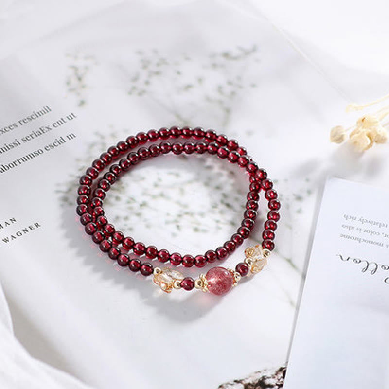 14K Gold Plated Natural Garnet Strawberry Quartz Butterfly Protection Double Wrap Bracelet