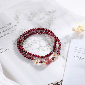 14K Gold Plated Natural Garnet Strawberry Quartz Butterfly Protection Double Wrap Bracelet