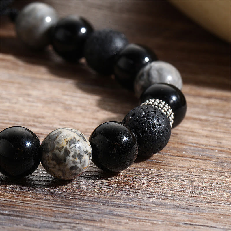 Vintage Lava Rock Black Obsidian Picasso Jasper Beads Support Rope Bracelet