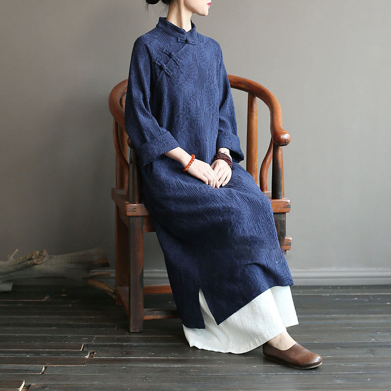 Flower Jacquard Midi Dress Long Sleeve Cotton Linen Dress Wide Leg Pants With Pockets