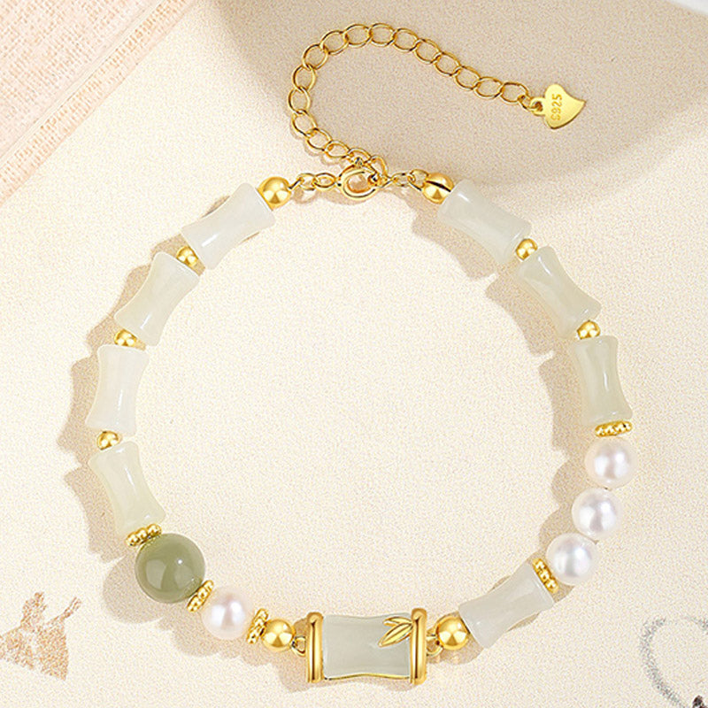 925 Sterling Silver Natural Hetian White Jade Bamboo Luck Blessing Bracelet