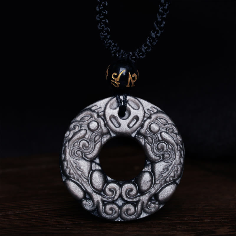 Natural Silver Sheen Obsidian Double PiXiu Copper Coin Peace Buckle Protection Necklace Pendant