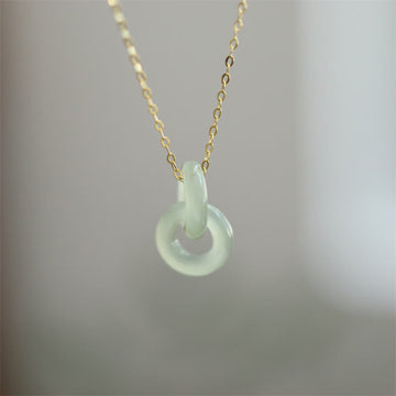 925 Sterling Silver Natural Double Peace Buckle Hetain Jade Luck Necklace Pendant