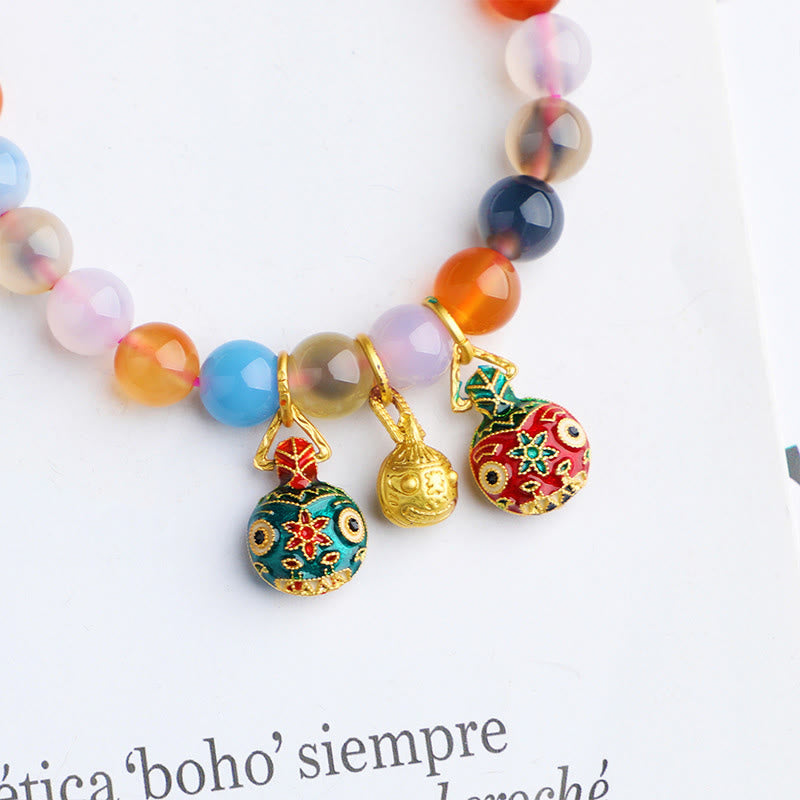 Handmade Candy Agate and Gold Pixiu Peach Charm Beaded Bracelet