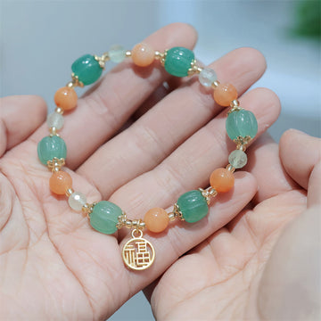 Natural Golden Silk Jade and Prehnite Carved Pumpkin Bead Fu Charm Bracelet