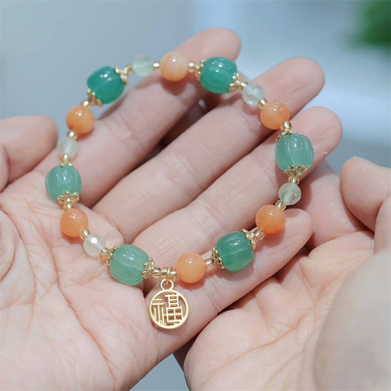 Natural Golden Silk Jade and Prehnite Carved Pumpkin Bead Fu Charm Bracelet