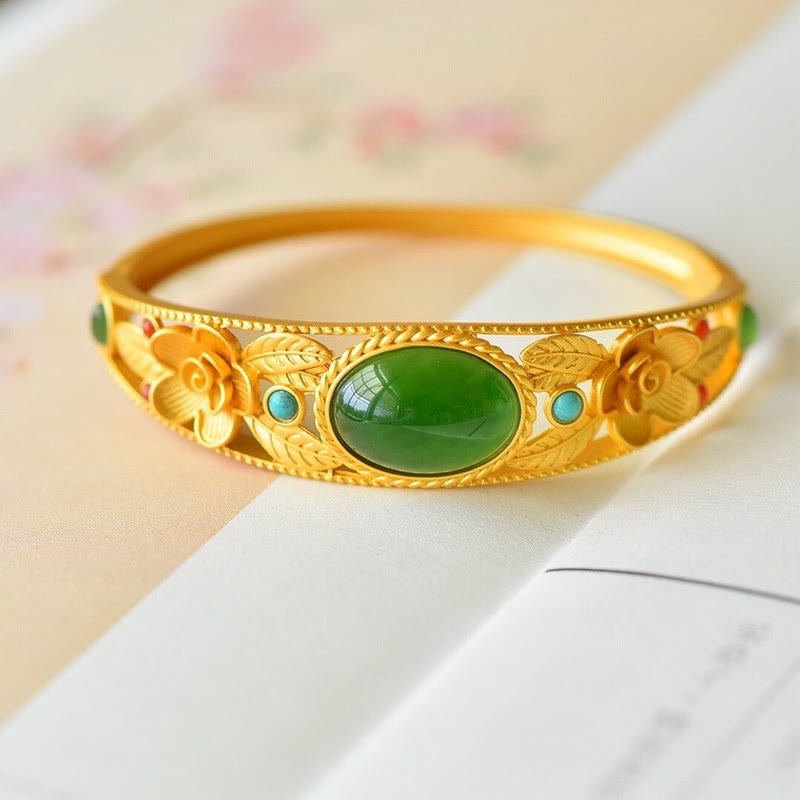 Cyan Jade White Jade Flower Leaf Harmony Luck Bracelet Bangle