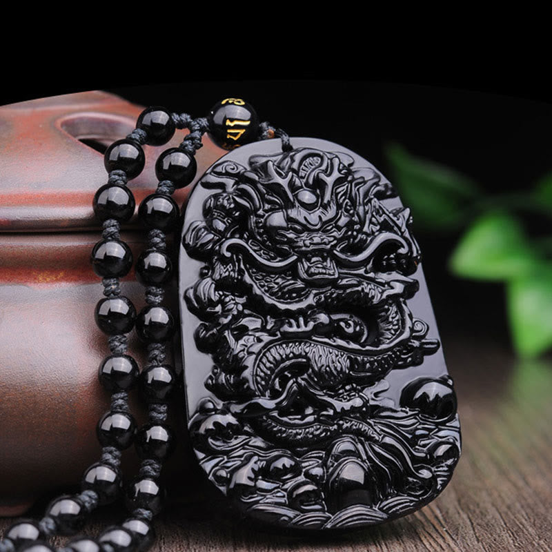 Black Obsidian Stone Dragon Fulfilment Pendant Necklace