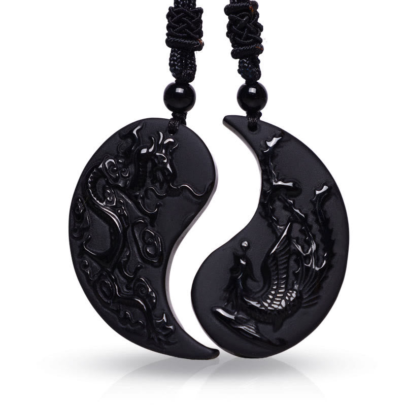 Black Obsidian Yin Yang Dragon Phoenix Luck Necklace Pendant