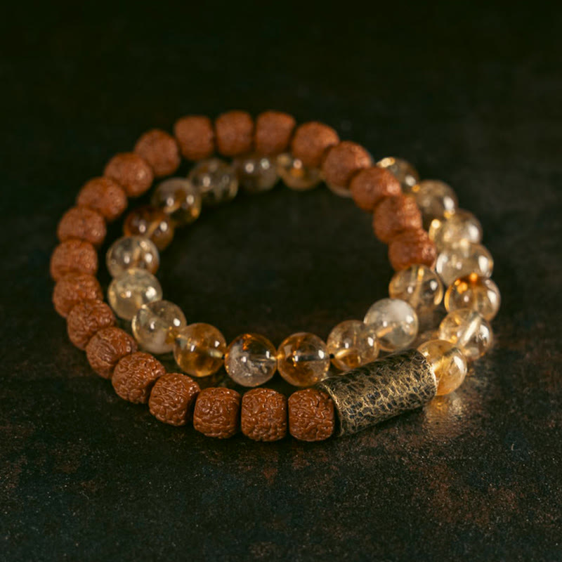 Natural Citrine Crystal Rudraksha Bodhi Seed Brass Bead Prosperity Double Wrap Bracelet