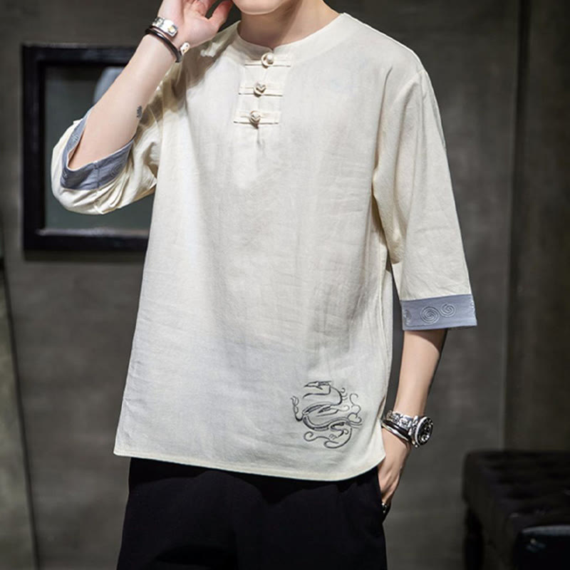 Frog-Button Dragon Embroidery Chinese Tang Suit Three Quarter Sleeve Shirt Cotton Linen Men Clothing