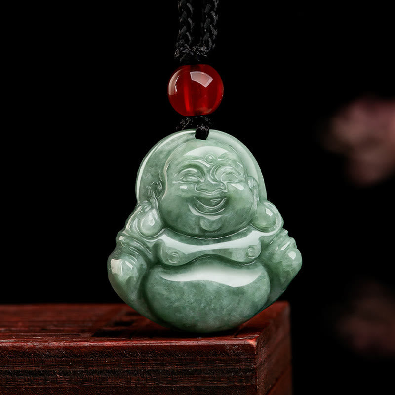Natural Green Jade Laughing Buddha Luck Abundance Necklace Pendant