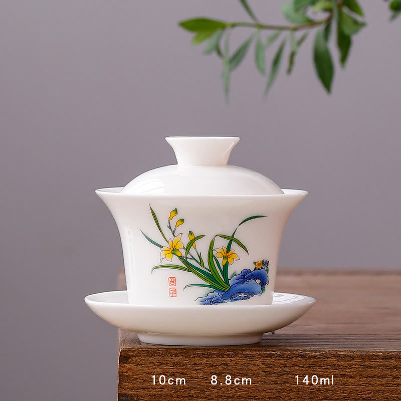 White Porcelain Mountain Landscape Countryside Ceramic Gaiwan Teacup Kung Fu Tea Cup And Saucer With Lid