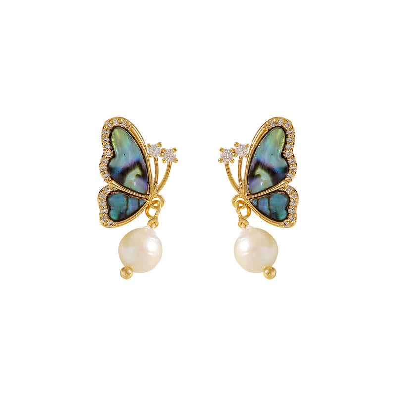 18K Gold Plated Copper Pearl Butterfly Stud Earrings with 925 Sterling Silver Posts