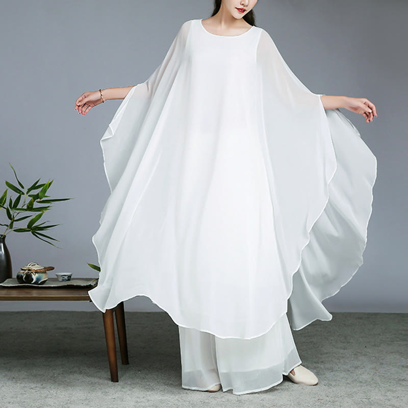 Lightweight Chiffon Flowing Midi Dress and Wide-Leg Meditation Set