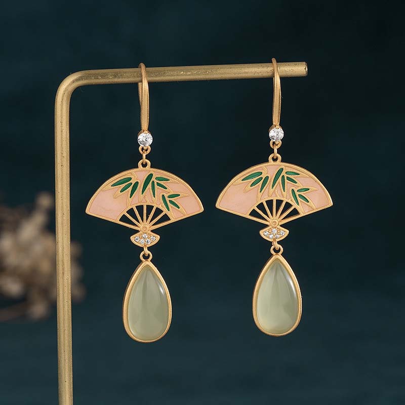 Natural Green Aventurine Fan Pattern Luck Drop Earrings