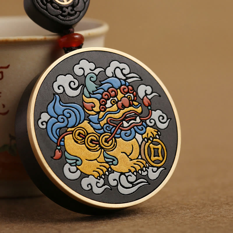 PiXiu Copper Coin Ebony Wood Luck Attract Wealth Key Chain Decoration