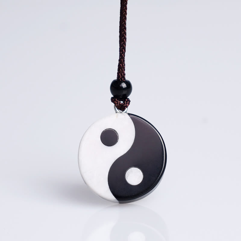 Natural Black Obsidian White Turquoise Yin Yang Fulfilment Strength Necklace Pendant