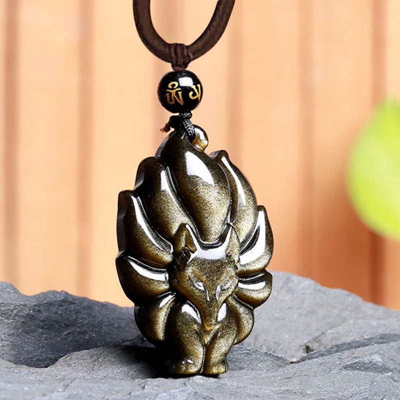 Natural Rainbow Obsidian Gold Sheen Obsidian Nine Tailed Fox Positive Necklace Pendant