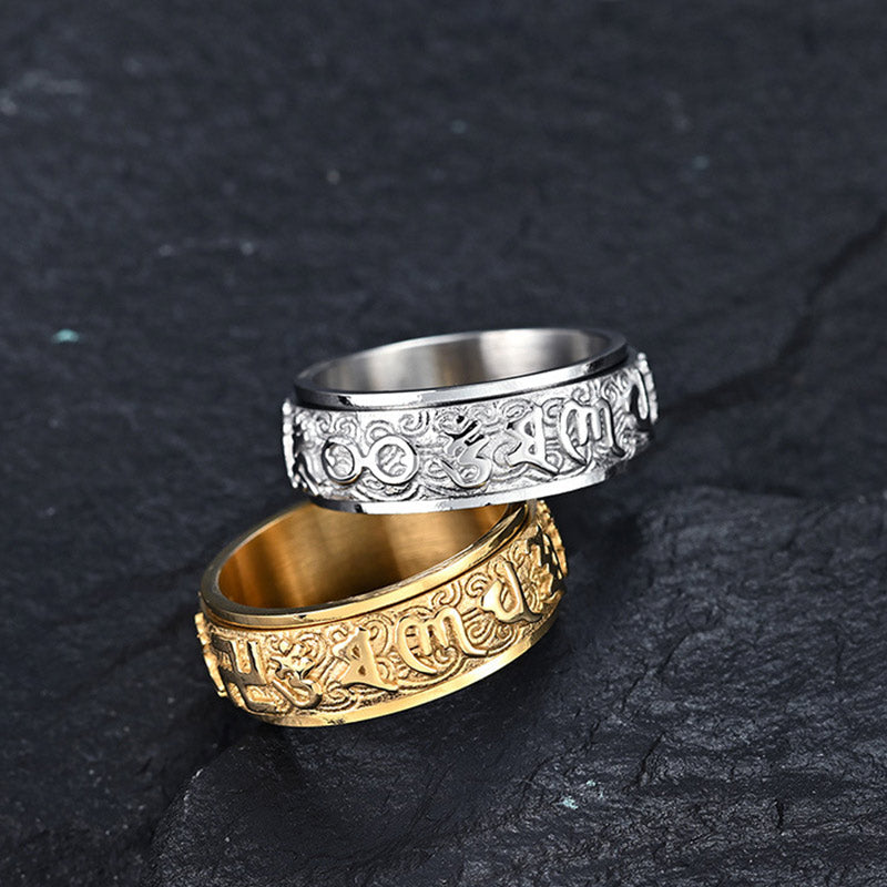 Six True Words Om Mani Padme Hum Titanium Steel Mantra Ring